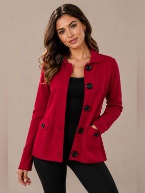 Yarns & Stitches Red Button Front Knit Jacket Cardigan Size Small
